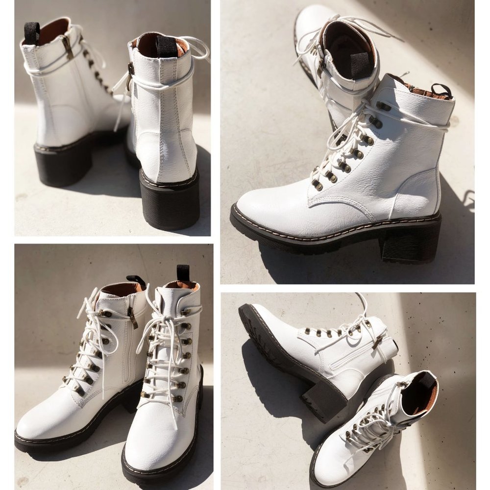 NEW White Faux Vegan Leather Laced Up Lug Sole Platform Ankle Combat Boots Shoes - Picture 8 of 12